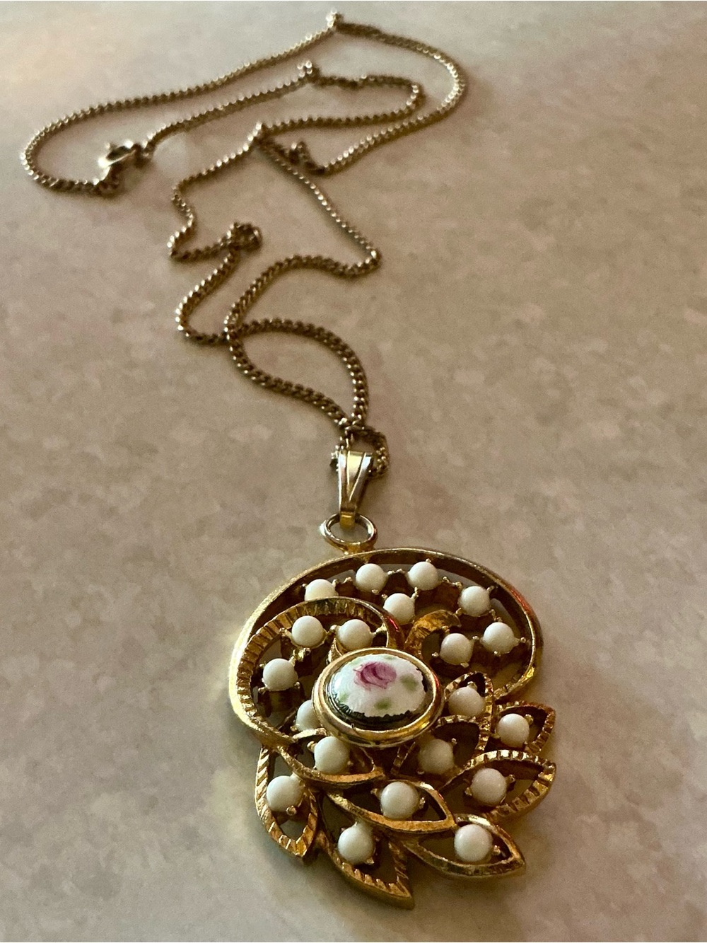 Vintage Rose Guilloche Enamel Center Pendant With Faux Pearls Gold Tone Metal